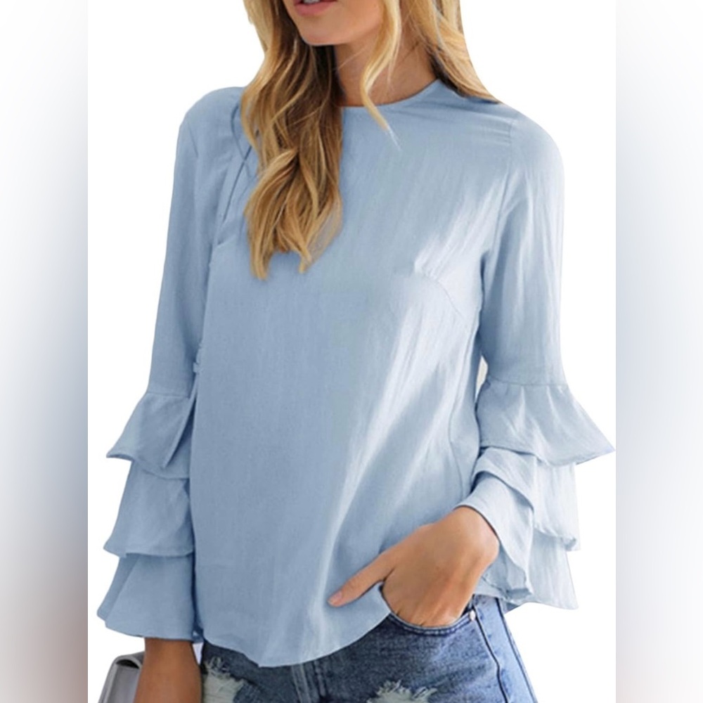Chelsea & Theodore Sky Blue Blouse with Ruffled Sleeves